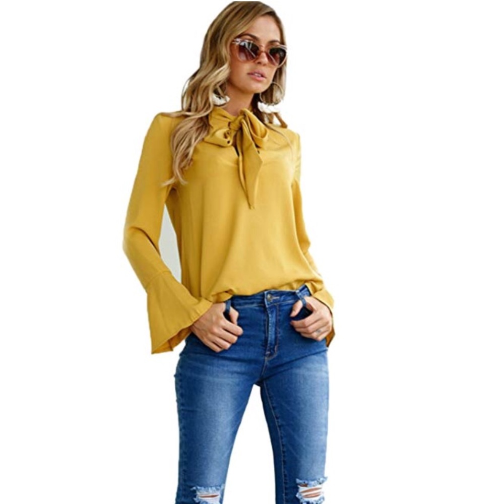 Amo Mustard Bow Tie Long Bell Sleeves Blouse - Picture 4 of 6
